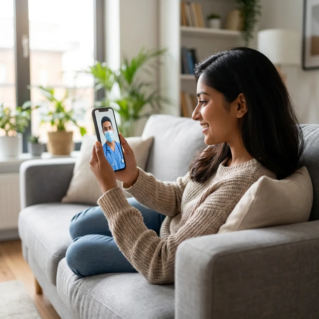 Woman consulting with dentist online via video call