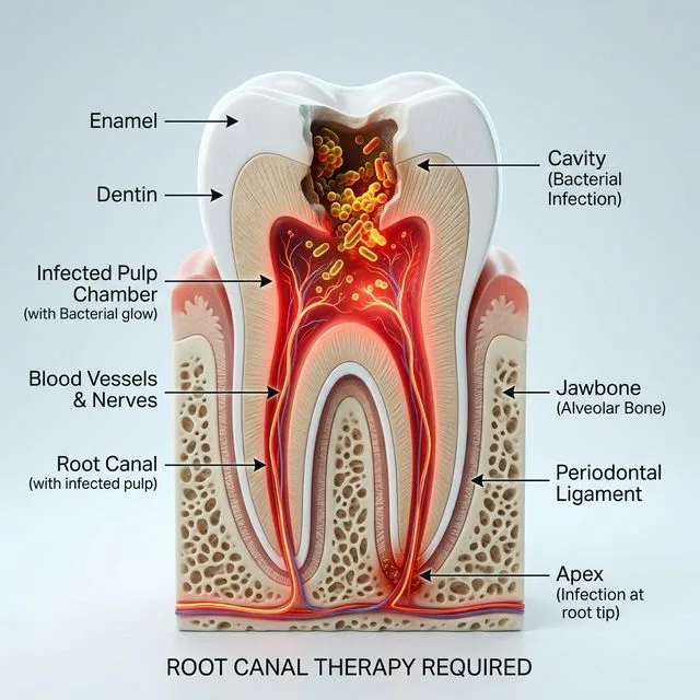 3D diagram of root canal infection reaching the dental pulp