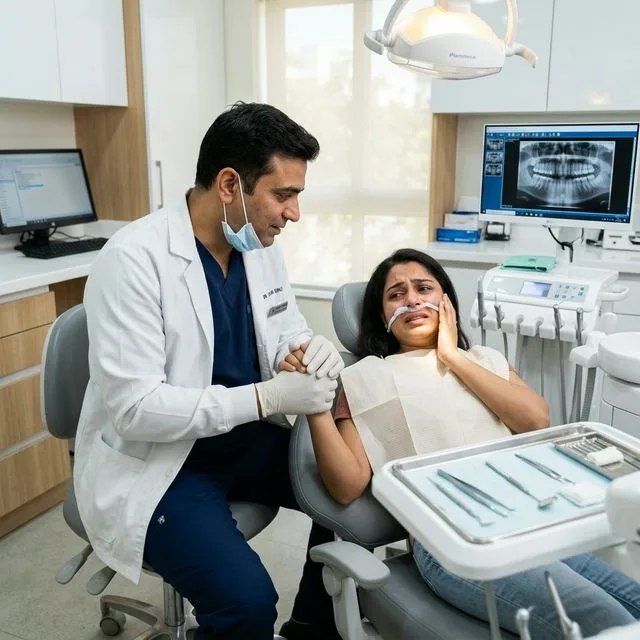Emergency dentist comforting a patient in severe tooth pain in Kompally